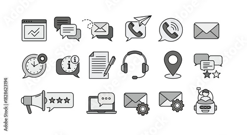 Communication Icons Set Email, Chat Bubbles, and Support Elements in a Modern Style