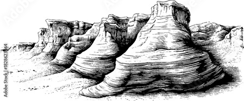 Engraved decorative illustration of folded mineral landscape for retro design