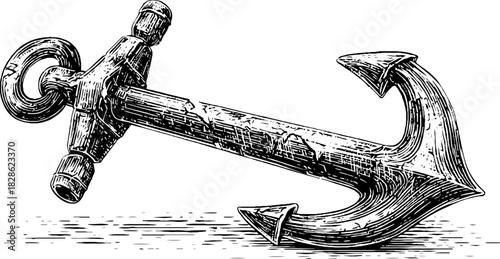 Vintage decorative illustration of a forged iron anchor for nautical design and decor