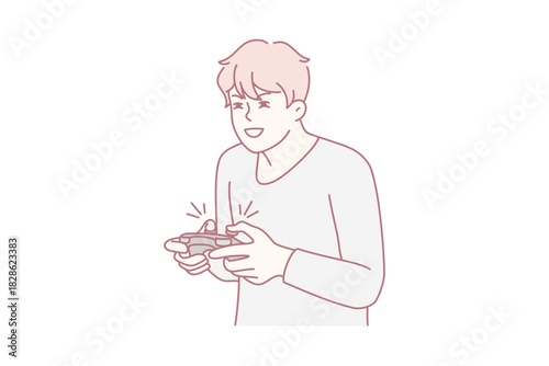 man enthusiastically playing with game controller, lively gaming session with playful reaction and streaming