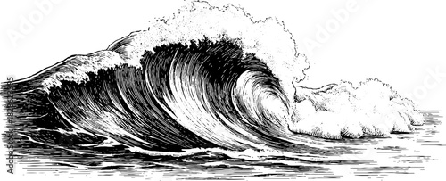 Decorative engraving of a folding ocean wave for retro design and print