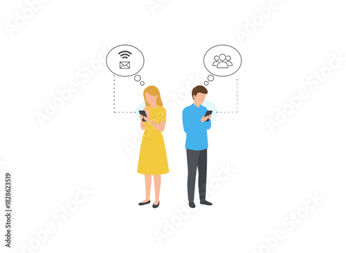 A man and woman stand together, embracing while scrolling through social media on their phones, depicting gadget addiction with cute flat cartoon characters on a white background in vector