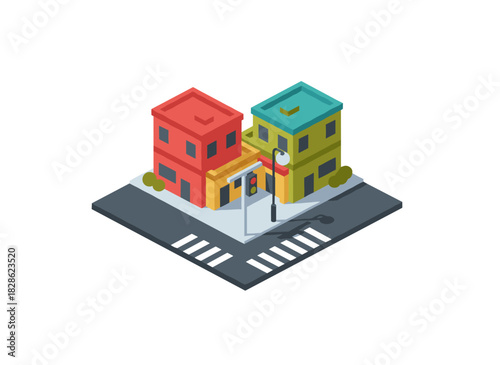 Modern downtown cityscape featuring a street intersection with elegant buildings, traffic signals, and crosswalks, rendered as a colorful flat vector illustration