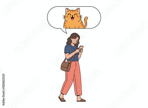 A cheerful young woman chats on her smartphone while strolling, browsing the internet on her mobile, illustrating online communication and social media addiction in a flat cartoon vector style