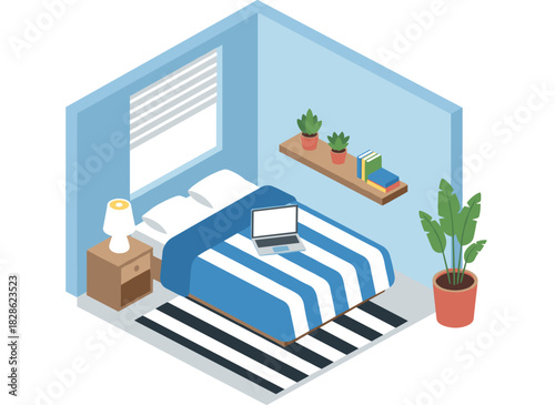 Isometric flat vector illustration of a modern, cozy apartment bedroom featuring a double bed, nightstand, plants, door, and window, set against a white background