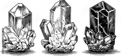 Vintage engraved illustration of hollow geometric crystal designs for retro decorative projects