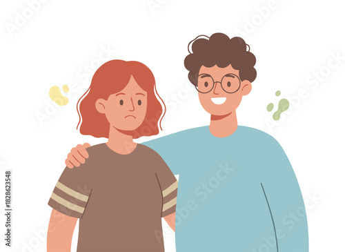 A man gossiping, spreading rumors, whispering negative information to an annoyed woman with an angry expression, backbiting toxically, shown in a flat vector illustration on a white background