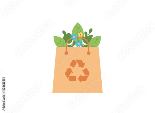 Sustainable green packaging: biodegradable paper cardboard bag, recycled kraft carton sack, reusable wrap with flowers and plants, all depicted in a flat vector illustration on a white background