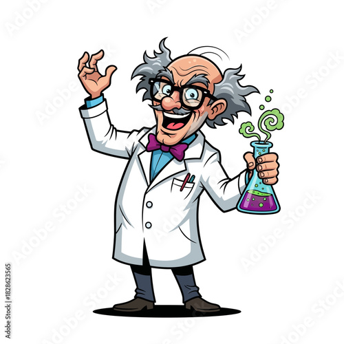 A cartoon illustration of a mad scientist with wild hair and glasses, wearing a lab coat and bow tie, holding a bubbling beaker.