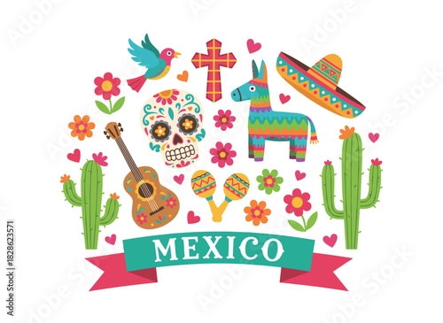 A flat vector illustration showcasing a collection of Mexican national symbols and traditional Day of the Dead decorations on a white background, featuring calaveras, pepper, piñata, cactus