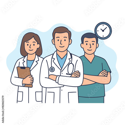 A dedicated team of diverse healthcare professionals, including doctors and nurses, offering expert medical care and consultation