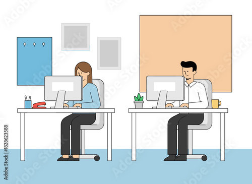 Illustration of young male and female police officers at desks, investigating crimes and working on computers in a criminal investigation office, depicted as flat cartoon characters