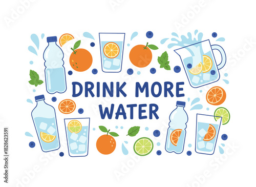 A water‑drinking card featuring aqua splashes, bottle and glass frames, set against a square backdrop of summer detox drinks with fruit, citrus, cucumber, and ice cubes, rendered in a colored flat