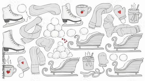 Illustration of winter themed items including skates, sleds, snowballs, and warm drinks and accessories
