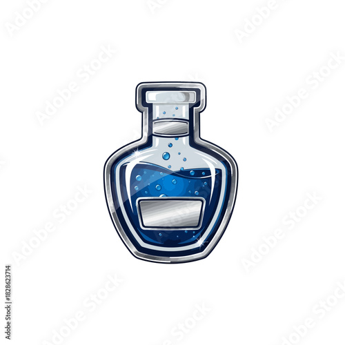 A stylized illustration of a blue potion bottle with bubbles and a metallic label, on a white background.