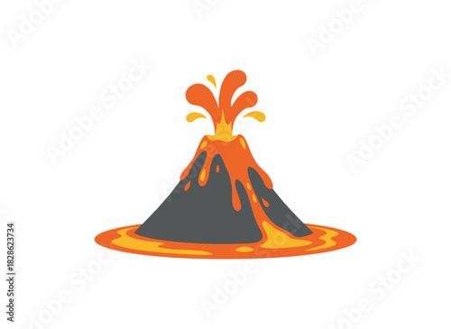 A volcano in eruption, spewing a lava fountain from its crater against a white backdrop, depicted as a flat‑style vector illustration of a volcanic eruption, seismic activity, and natural disaster or