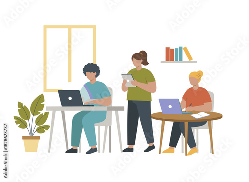 Collaboration within a startup: creative employees tackling individual tasks on a business project, working in an agency-style office, embodying teamwork, depicted as a flat vector graphic on a white