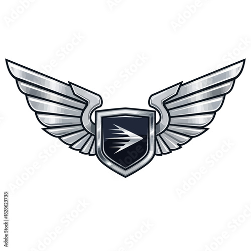 A detailed illustration of a metallic silver shield emblem with an arrow and outstretched wings.