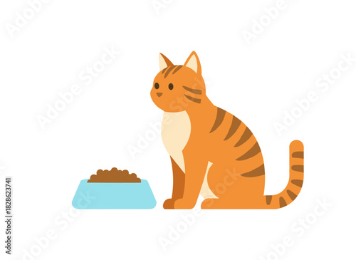 Adorable, famished ginger cat gazes at its food bowl against a white backdrop, depicted as a hand‑drawn, colored flat vector illustration in a doodle style
