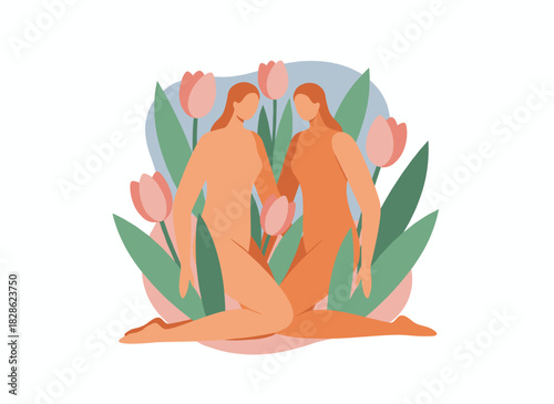 A woman in bare clothing, a nude female couple in a bikini seated among flowers in nature, depicting women's health and gynecology themes, rendered as a flat vector illustration of girlfriends on a
