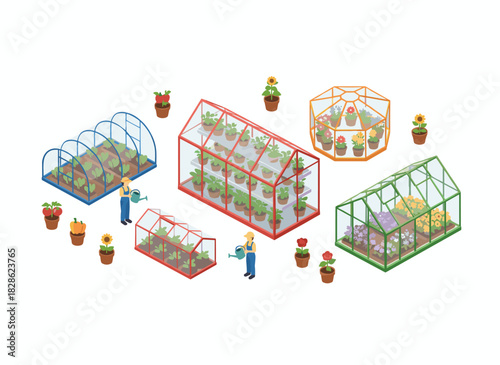 A 3D glass greenhouse with a hotbed of seedlings, where people water plants, flowers, and vegetables in garden beds and flowerbeds, depicted in colorful isometric illustrations