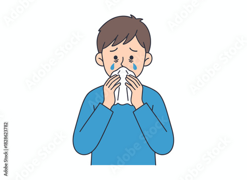 Illustration of a sick toddler sneezing, clutching a handkerchief, suffering from allergies, flu, cold, and viral infection, depicted as a flat vector on a white background