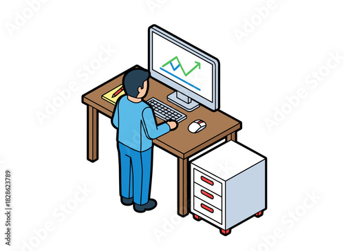A male employee positioned behind ergonomic furniture works on a computer in a flat vector illustration, standing on a footrest and looking at a monitor at a contemporary isolated workstation, while