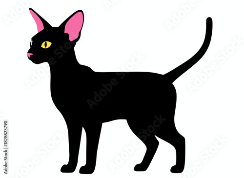 Illustration of a black Oriental Shorthair cat walking alone on a white background, rendered as a flat vector cartoon