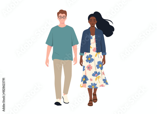 A stylish family couple in modern attire, wearing trendy party outfits, exudes happiness, elegance, and attractiveness, depicted in a flat vector illustration against a white background