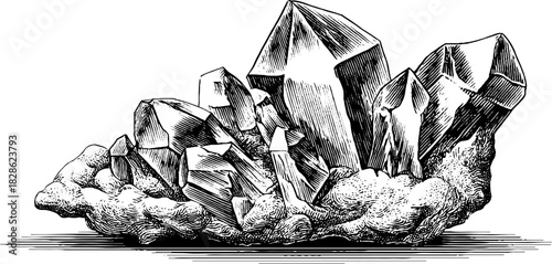 Engraved decorative illustration of a polygonal spiral crystal design for art and decor