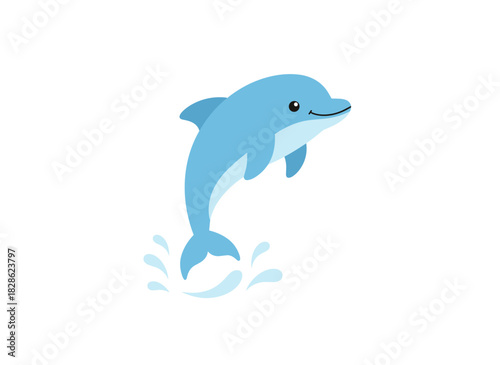 A charming blue dolphin against a white backdrop, seen from the side, along with a friendly fish, depicted as a playful character in a colorful flat cartoon vector style