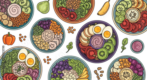 Colorful Illustration of Healthy Food Bowls for a Balanced Diet and Nutritious Lifestyle
