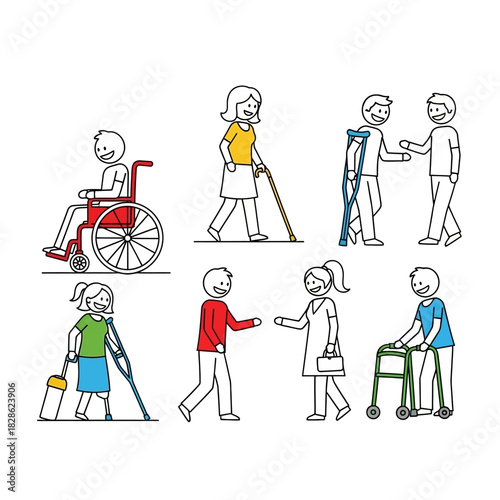 Diverse stick figures illustrating people with disabilities using various mobility aids and interacting with others.