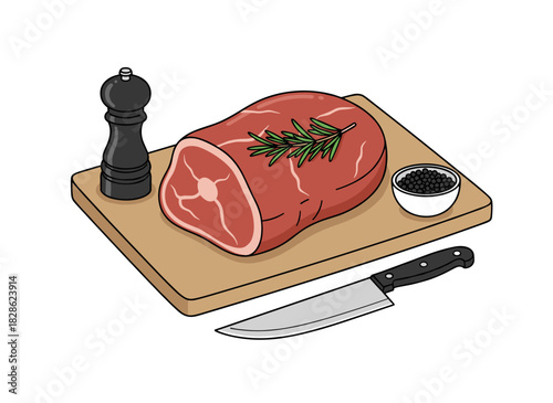 A raw beef steak cut into pieces on a kitchen board, accompanied by a knife and pepper grinder, depicted in a flat vector illustration against a white background, illustrating the cooking and dinner