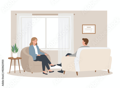 A man lying on a couch while a female psychologist, psychoanalyst, or psychotherapist sits in a chair beside him, notebook in hand, asking questions