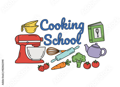A square banner template featuring a variety of kitchen utensils, cookware, and food‑prep tools, rendered as a colorful modern flat illustration for a cooking school advertisement and promotion