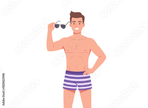 A man with sunburned skin, sporting humorous summer burns from sunbathing and overexposure, wearing sunglasses and showing reddish UV-burned spots, depicted as a flat vector illustration on a white