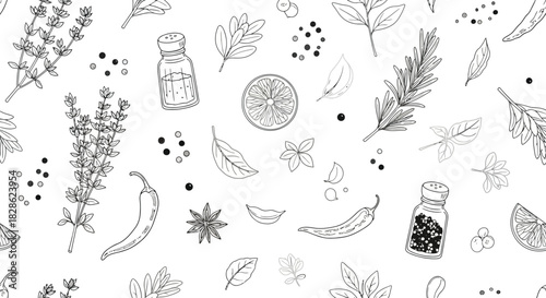 Culinary Herbs and Spices Seamless Vector Pattern for Packaging Design and Scrapbooking Needs