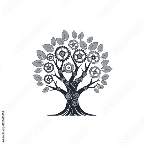 A stylized monochrome illustration of a tree with gears integrated into its branches and trunk, symbolizing growth and mechanics.