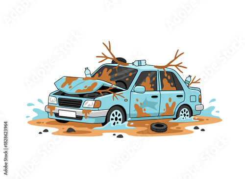 A damaged, flooded, wet car collapsed into water after an accident, sinking and becoming a dirty, submerged wreck; the broken vehicle, now drowned and injured, lies in dirt and mud, depicted as a