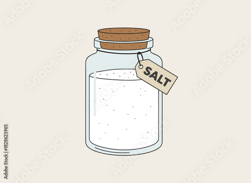 A closed glass jar containing salt sits alone against a white backdrop, depicted as a crystal-like spice and mineral cooking ingredient in a clear kitchen container, rendered in a vibrant cartoon