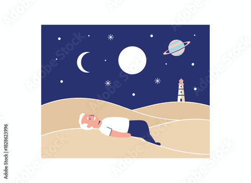 A fantasy dream and imaginative concept, with a dreamer soaring through a whimsical world, traveling in a fairy‑tale realm, depicted as a flat vector illustration set against a white background