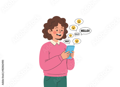 Using a smartphone to text and read online messages, a person holds the phone and laughs while chatting on social media, depicted as a flat vector illustration on a white background