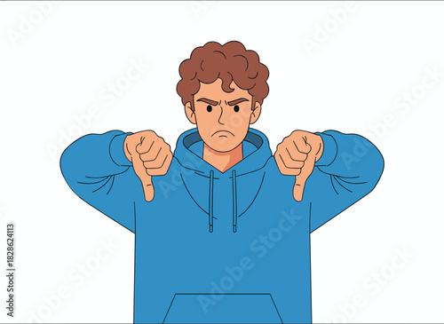 A displeased man uses a thumbs‑down gesture to convey his negative attitude, offering silent feedback through non‑verbal communication; the scene is depicted as a colored flat vector illustration on