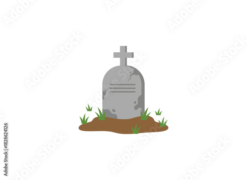 A hand‑drawn, colored vector illustration of an old, cracked stone gravestone with a cross, rendered in a realistic, vintage style and isolated on a white background