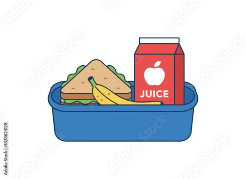 A vibrant, appetizing snack in a lunch box set against a white background, featuring a cartoon banana, a straw in a juice cup, and a tasty sandwich in a flat vector illustration, all representing