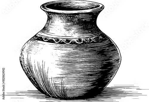 Rustic hand thrown clay vase engraved decorative illustration