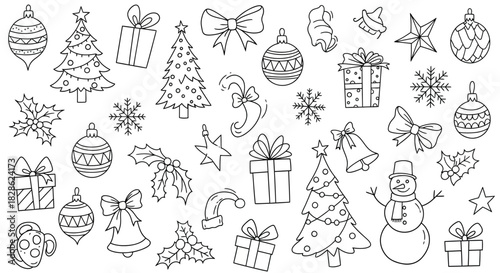 Hand Drawn Christmas Doodles Vector Illustration featuring ornaments, gifts, and holiday themes