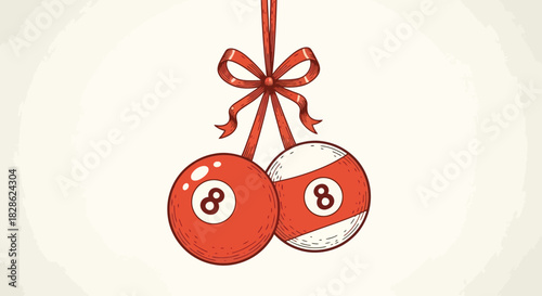 Festive Billiard Balls Ornament Illustration with Bow for Holiday Cheer and Game Enthusiasts