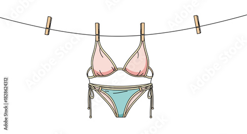 Illustration of stylish bikini hanging from clothespins on a clothesline for summer themes